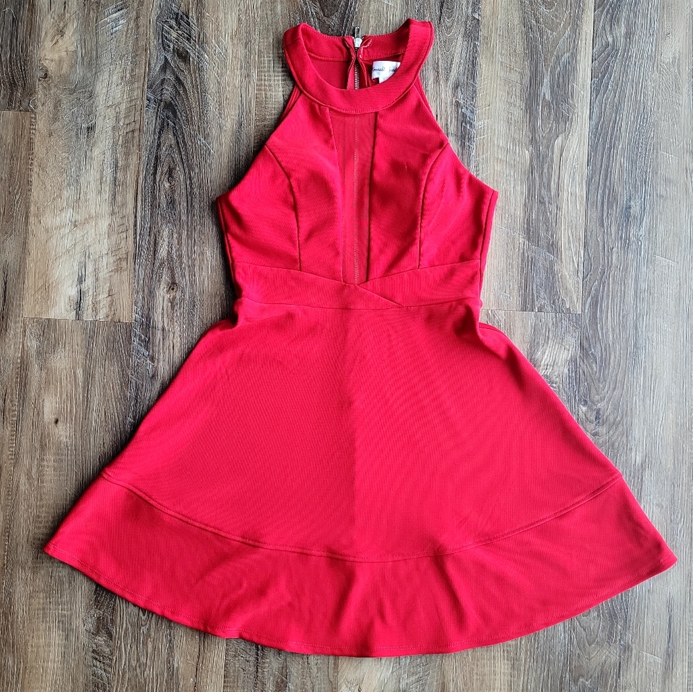 Red Short Skater Dress with Sheer Middle Panel